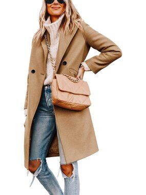 Women's Khaki Wool Coat Notch Lapel Double-Breasted Peacoat Casual Mid-Length
